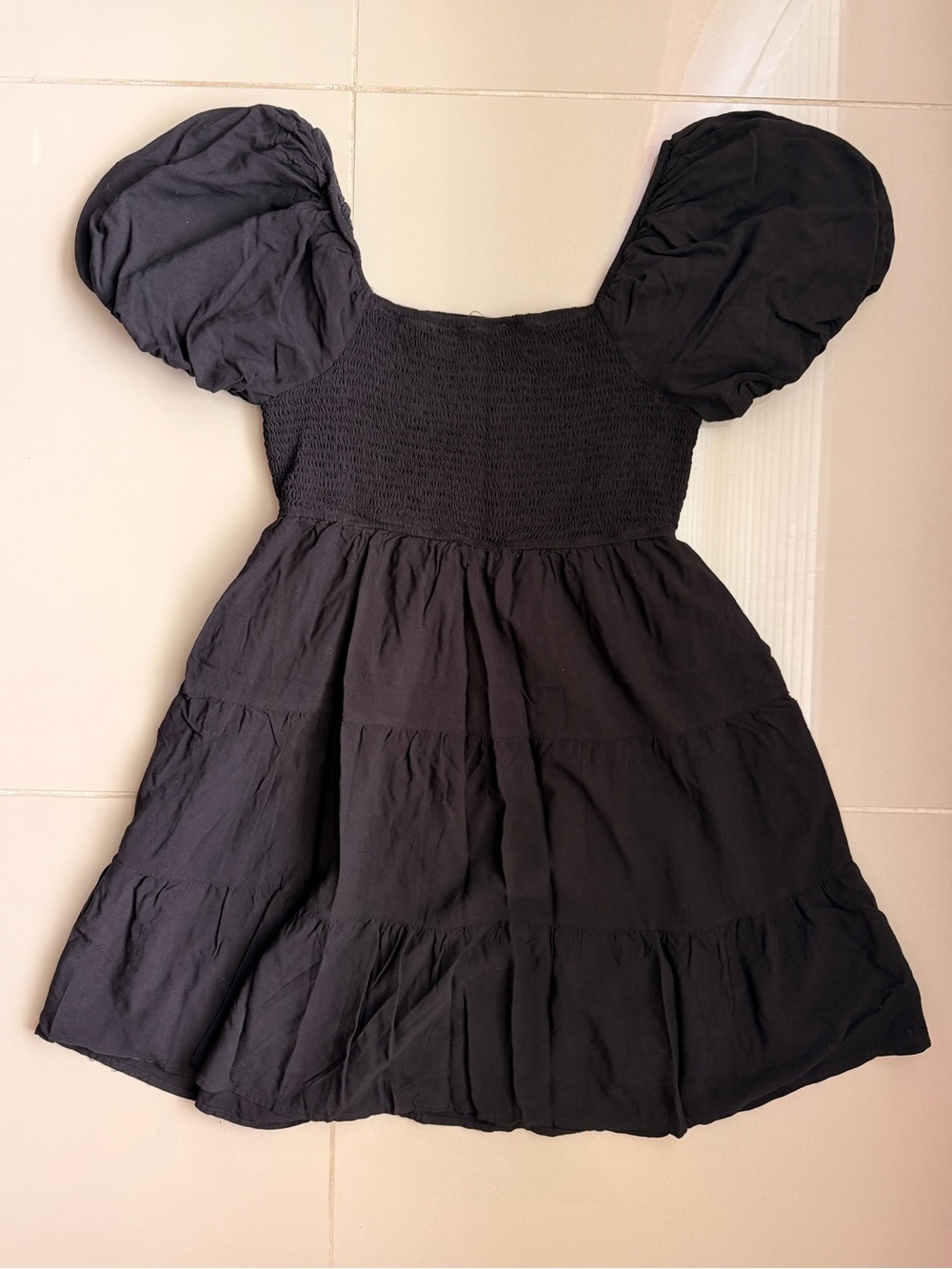 Zesica Black Smocked Puff Sleeve Tiered Mini Dress Size L